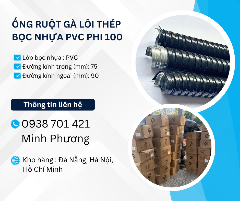 Ống ruột gà lõi thép bọc nhựa Pvc phi 100 sẵn kho Đà Nẵng, Hà Nội, Hồ Chí Minh-